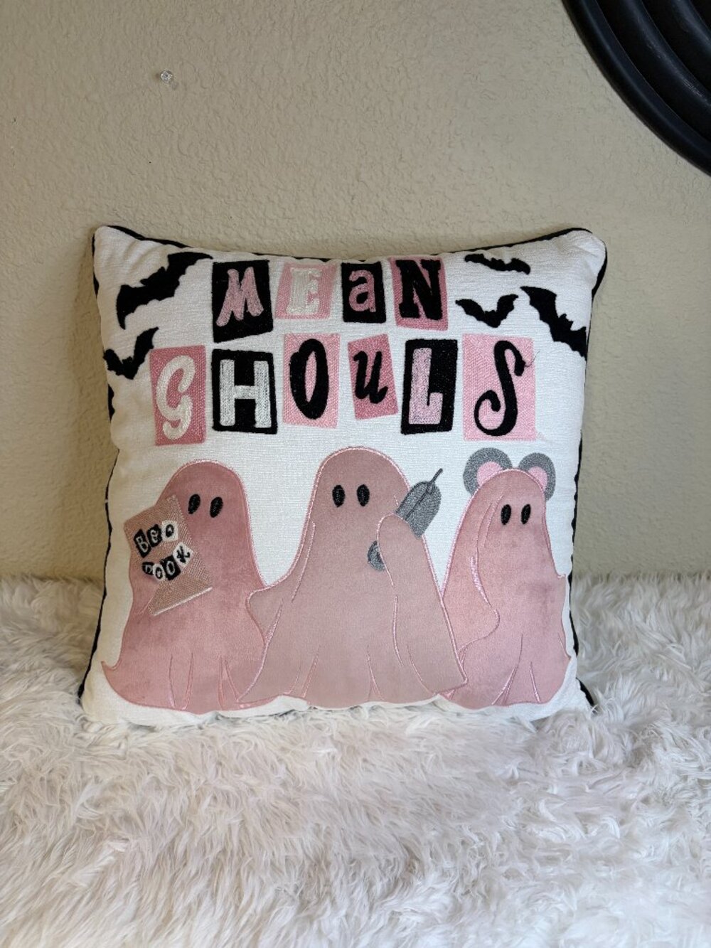 Mean Ghouls Pink Ghost Halloween Decorative Throw Pillow Plush 18x18